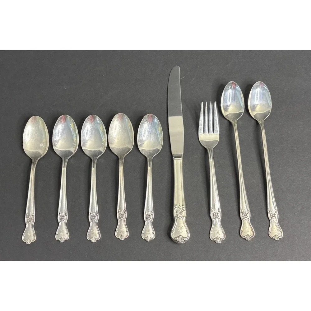 9 Old Company Plate Signature Rose Silver Plate Pieces Fork Spoons Monogram H